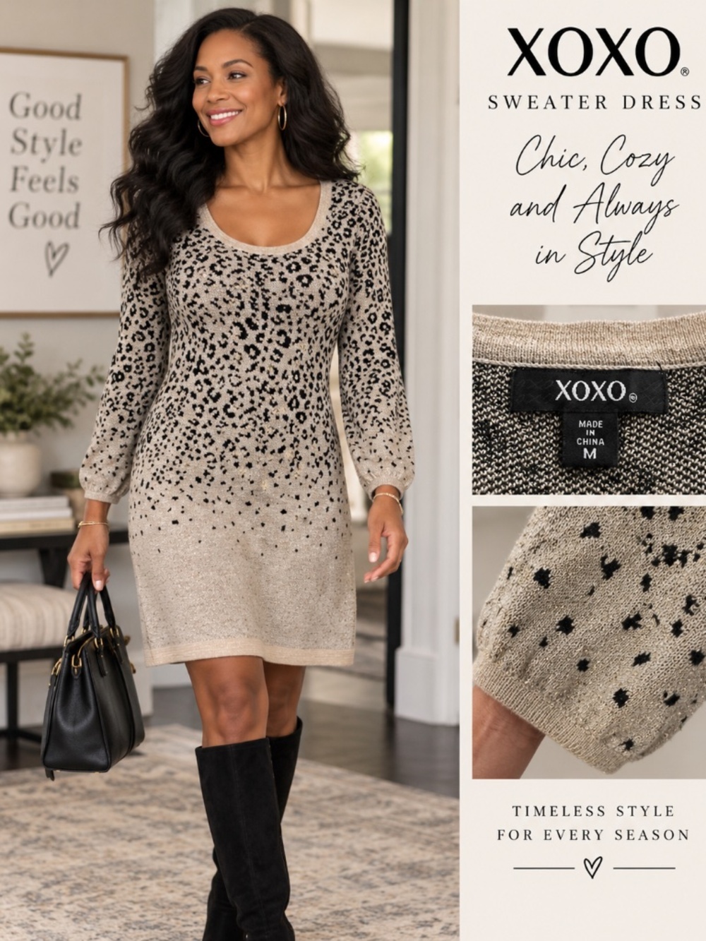 XOXO Metallic Leopard Sweater Dress Size M Gold Lurex Holiday Party